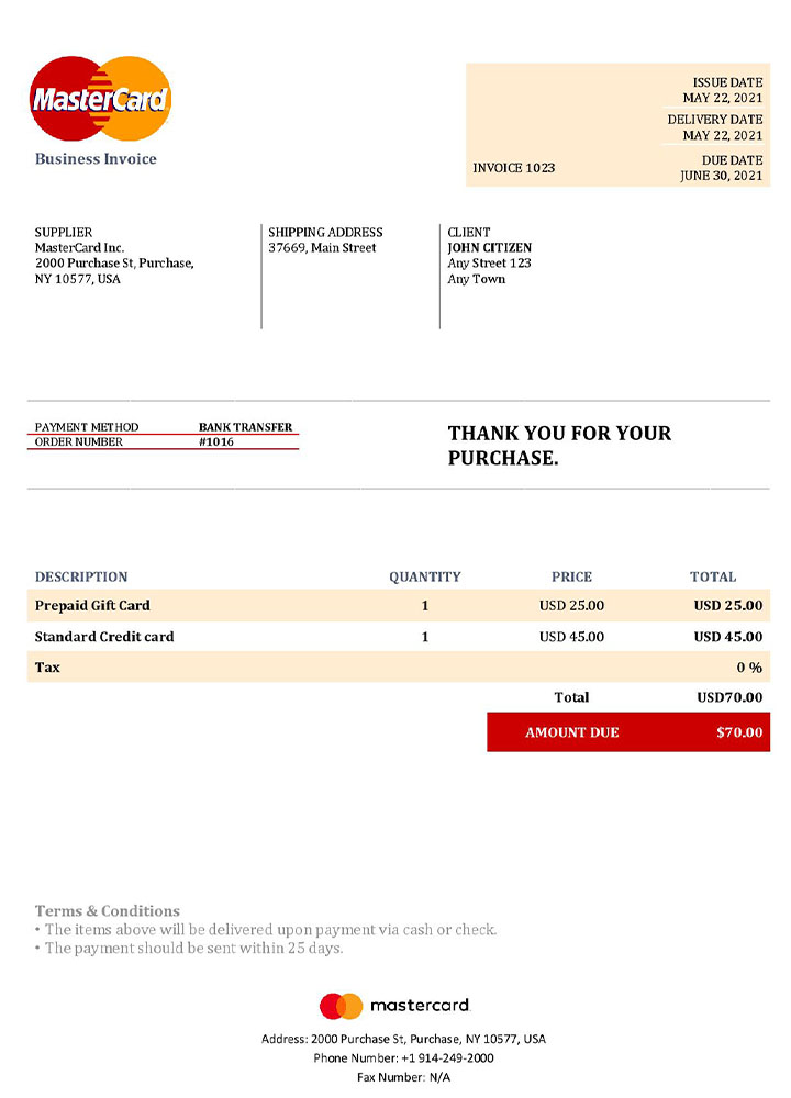 USA MasterCard invoice template PSD template